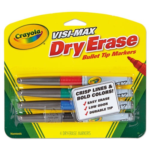 Dry Erase Marker, Bullet Tip, Fine, Assorted Colors, 4/Set, Sold as 1 Set