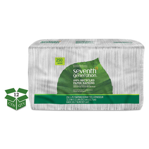 100% Recycled Napkins, 1-Ply, 11 1/2 x 12 1/2, White, 250/Pack, 12 Packs/Carton, Sold as 1 Carton, 12 Package per Carton 