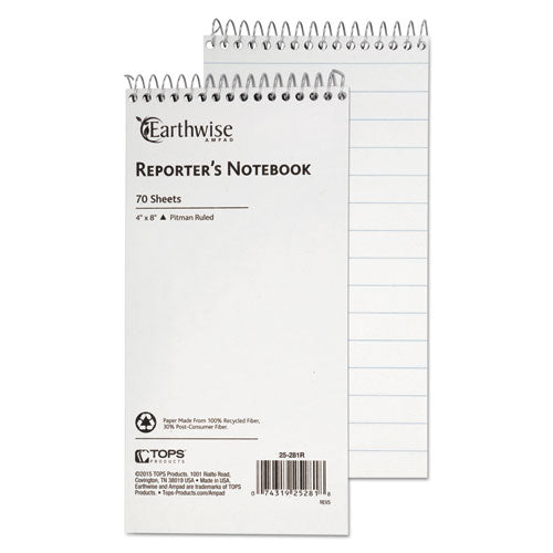Earthwise Recycled Reporter's Notebook, Pitman Rule, 4 x 8, White, 70 Sheets, Sold as 1 Each