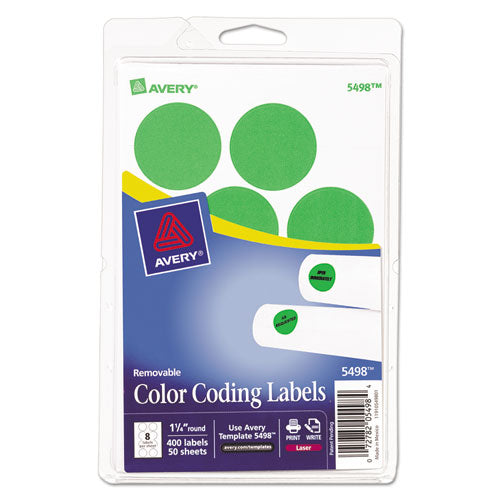 Avery - Print or Write Removable Color-Coding Labels, 1-1/4in dia, Neon Green, 400/Pack, Sold as 1 PK