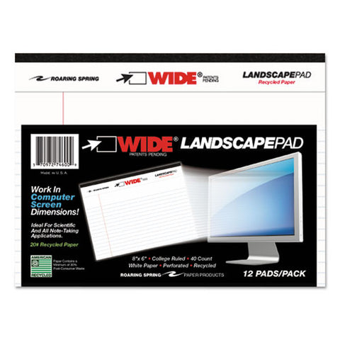 WIDE Landscape Format Writing Pad, College Ruled, 8 x 6, White, 40 Sheets, Sold as 1 Pad