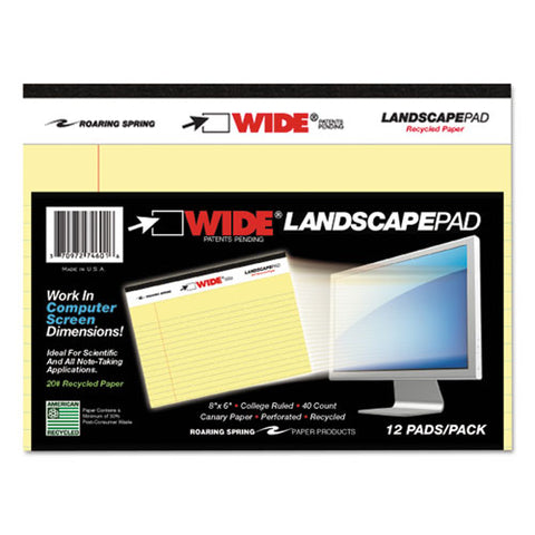 WIDE Landscape Format Writing Pad, College Ruled, 8 x 6, Canary, 40 Sheets, Sold as 1 Pad