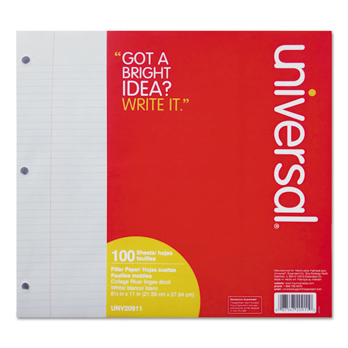 Universal - Mediumweight 16-lb. Filler Paper, 11 x 8-1/2, College Ruled, White, 100 Shts/Pk, Sold as 1 PK