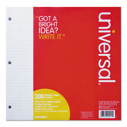 Universal - Mediumweight 16-lb. Filler Paper, 11 x 8-1/2, College Ruled, White, 200 Shts/Pk, Sold as 1 PK