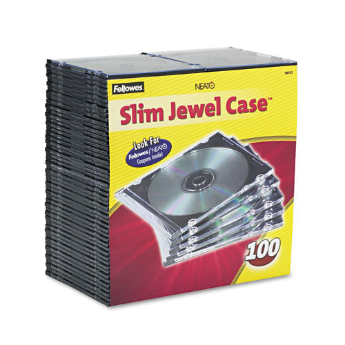 Fellowes - Thin Jewel Case, Clear/Black, 100/Pack, Sold as 1 PK