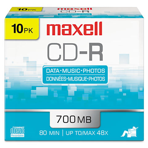 Maxell - CD-R Discs, 700MB/80min, 48x, w/Slim Jewel Cases, Silver, 10/Pack, Sold as 1 PK