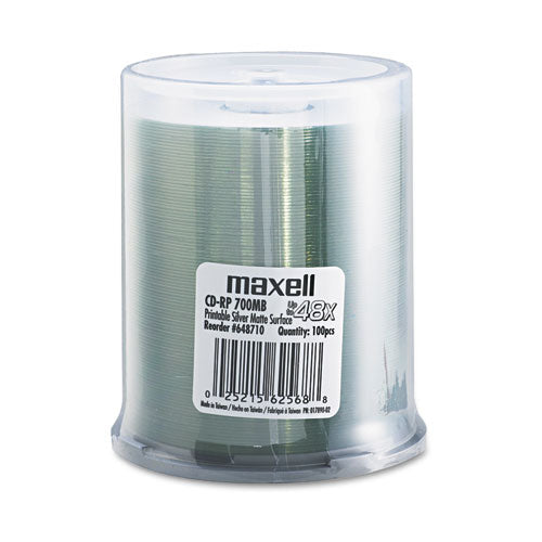 Maxell - CD-R Discs, 700MB/80 min, 48x, Spindle, Printable Matte Silver, 100/Pack, Sold as 1 PK