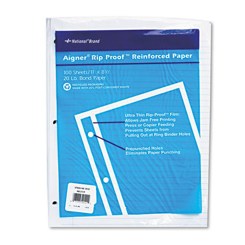National Brand - Rip Proof 20-lb.College Ruled Reinforced Filler Paper, Letter, WE, 100 Sheets/Pk, Sold as 1 PK